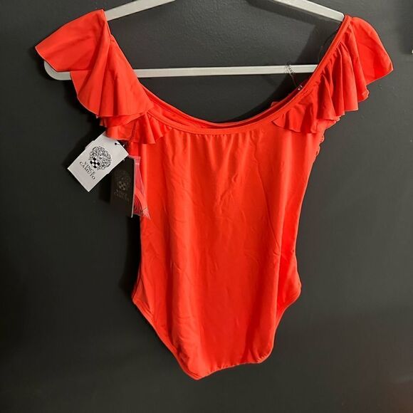 Vince Camuto Ruffle Off The Shoulder OnePiece Swimsuit Sz 6 NWT Bright CoralRed - Picture 4 of 9